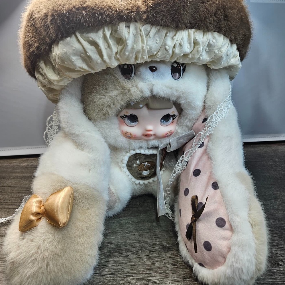 Nommi White Bunny Plush Doll with Brown Mushroom Hat Vinyl Face Kawaii Designer